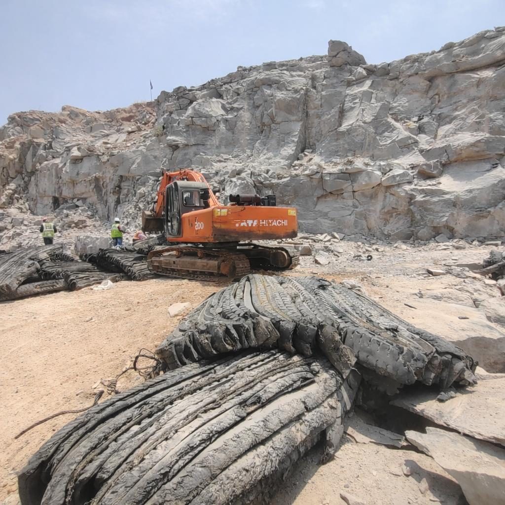 Tata Hitachi excavator clearing a blasted rock face